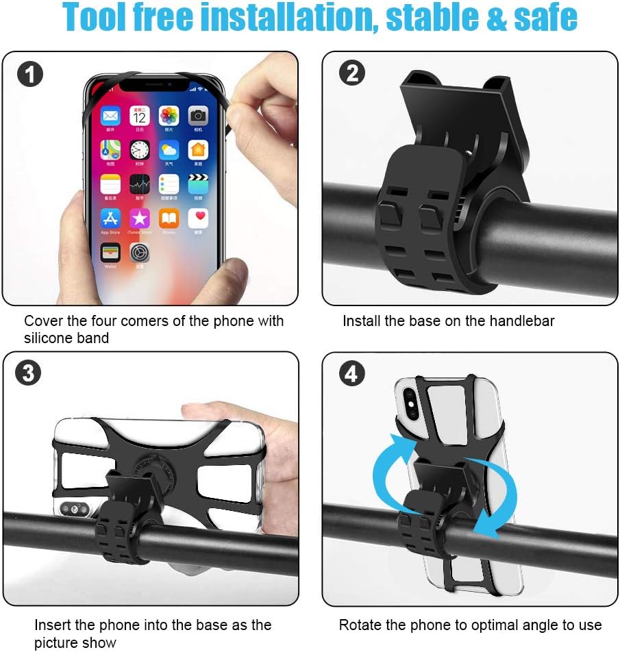 SYOSIN Bike Phone Mount, Detachable 360° Rotation Motorcycle Phone Mount with Adjustable Universal Silicone Bicycle Phone Holder Compatible with iPhone 12 Pro 12 Mini 11 Pro Max XR 8 7 6 Plus S10 S20