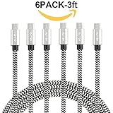 ALLFU SWEET-198 3' Nylon Braided Android Charger Fast Micro USB Charging Cable Cord for Samsung Galaxy S7 Edge/S6/S5/S4/Note 5/4/3/HTC/LG/Nexus/Motorola/Nokia/MP3 - Black/Silver - 6 Piece