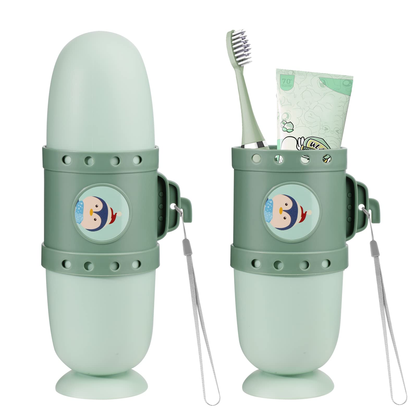Pwsap Toothbrush Travel Case, Removable and Portable 3 in 1 Toothbrush Holder Cup, Use for Travel, Hiking,Camping, School, Bathroom, Cute and Playful Submarine Styling for Kids and Teens (Green）