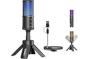 COMICA EJoy Uni S USB Condenser Microphone with Mute, Gain Control, RGB Lighting, Noise Reduction & Monitoring – for Streamin