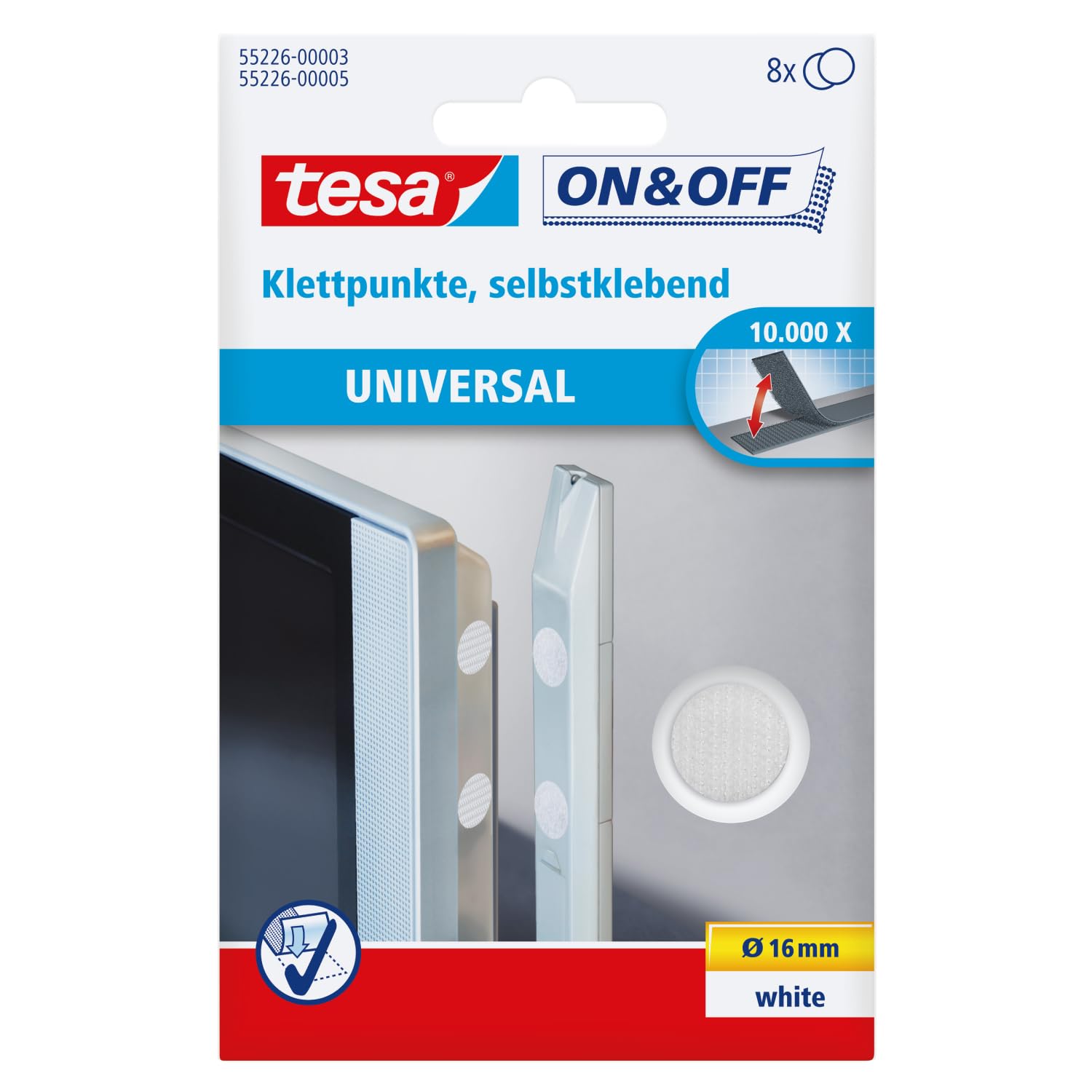 tesa® On & Off Hook and Loop Stick On Coins - Sticky Dots - Adhesive Dots for Attaching Light Objects - 16 mm - Pack of 8 - White