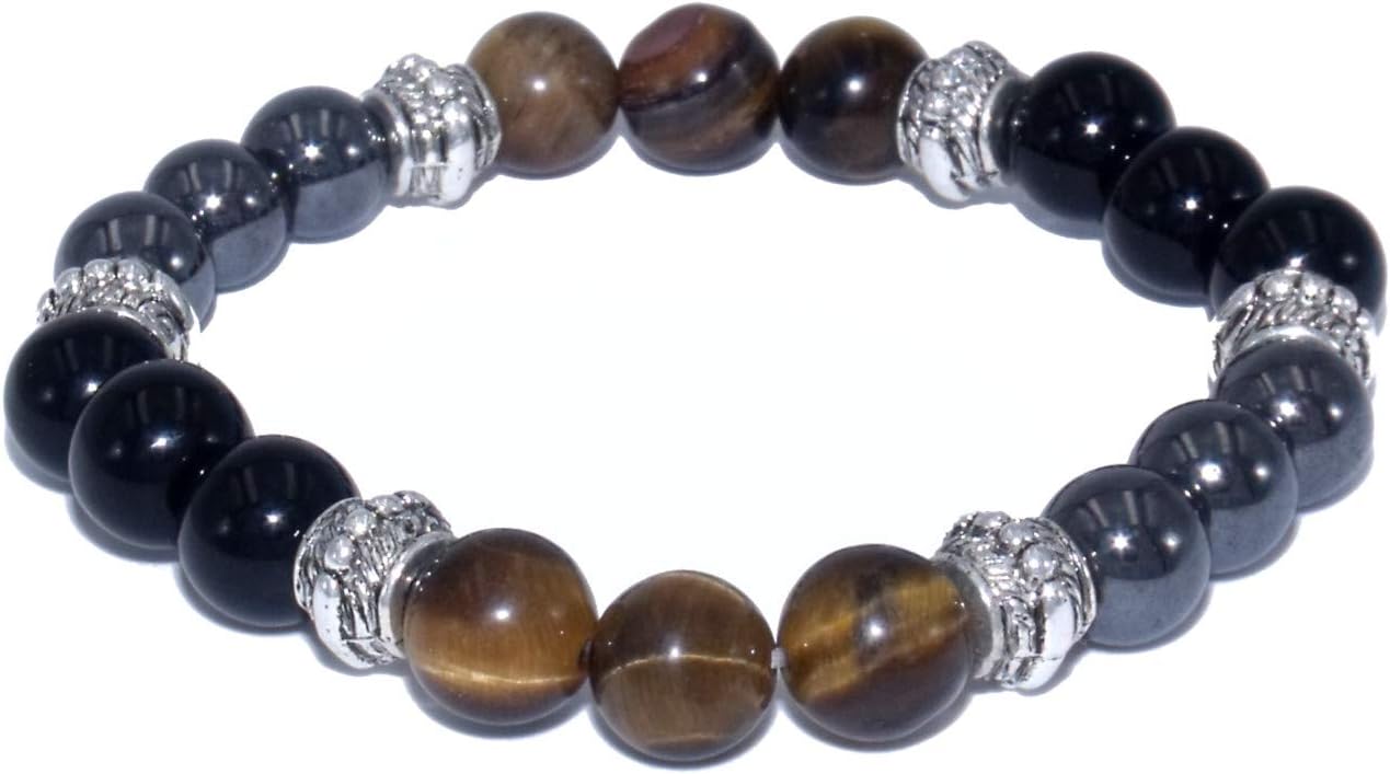 Triple protection bracelet with tiger eye obsidian and hematite natural stones, size 6.7'', stone beads 0.32'', metal beads 0.2''.