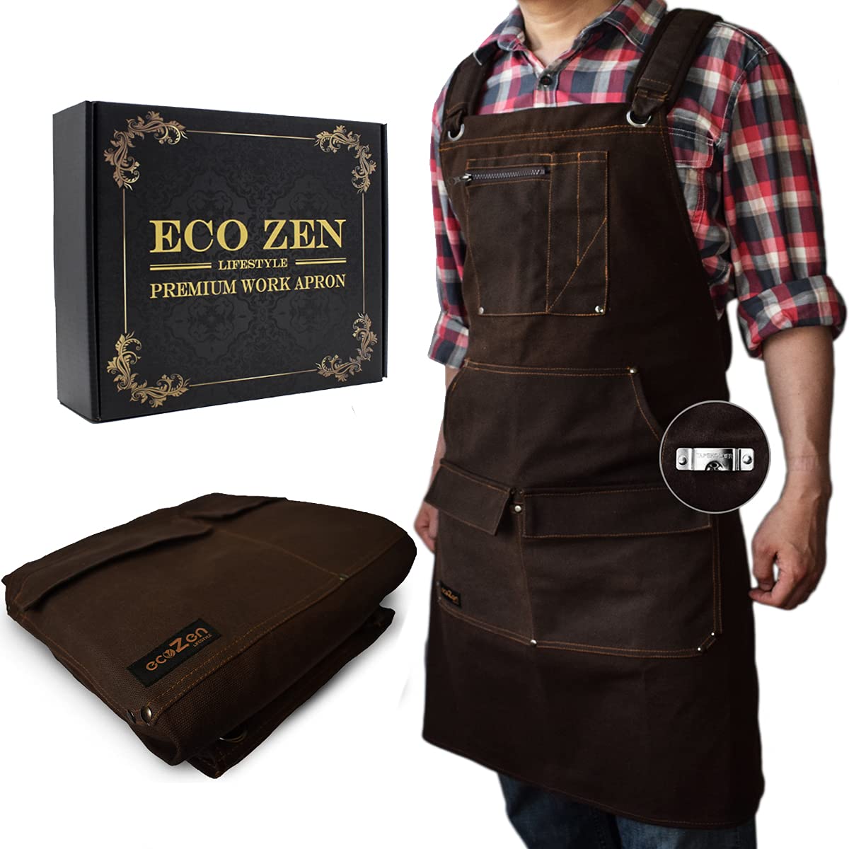 ecoZen 16oz Waxed Canvas Work Apron with Tape Holder - 27 x 34 inches Shop Apron with Elastic Back Strap and Front Pockets, Fully Adjustable, Tough Protection for Men - Brown