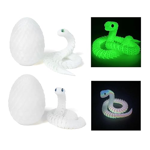 2 PCS 3D Printed Snake in Egg, Rainbow and Green Glow in the Dark 3D Printed Animals, Flexible Fidget Toy for Stress Relief, Educational Desk Decoration