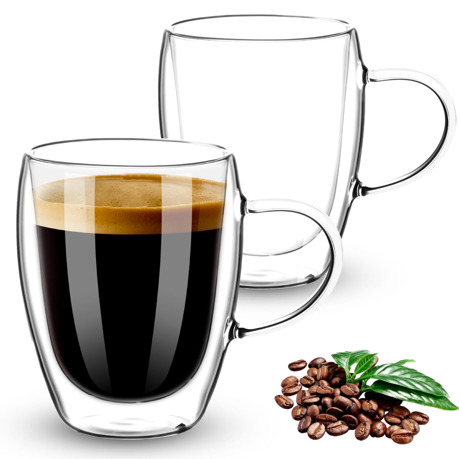 Esilihom 2 Pack Double Walled Coffee Glasses Mugs, 350ml/12oz Cappuccino Latte Macchiato Glasses Cups with Handle, Heat Resistant Borosilicate Glasses Cup for Coffee Tea Milk Juice Ice Cream