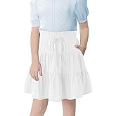 Kukume Girls Skirt High Waist Tiered Ruffle Knee Length Midi Skirt with Shorts and Pockets for 4-13Y