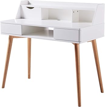 Amazon Com Versanora Creativo White Work Study Table Desk With Storage Drawer Shelf Natural Finish For Living Room Home And Office Furniture Decor