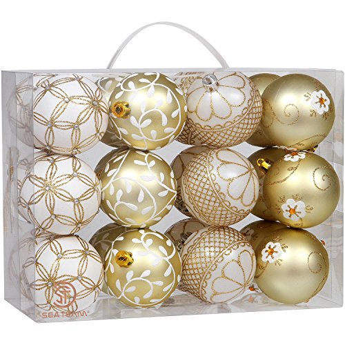 Sea Team 70mm/2.76" Delicate Floral Theme Painting & Glittering Christmas Tree Pendants Shatterproof Hanging Christmas Ball Ornaments Set - 24 Pieces (Gold)
