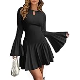 Saodimallsu Womens Long Bell Sleeve Mini Knit Dress Flowy A Line Pleated Bodycon Crew Neck Elegant Short Sweater Dresses