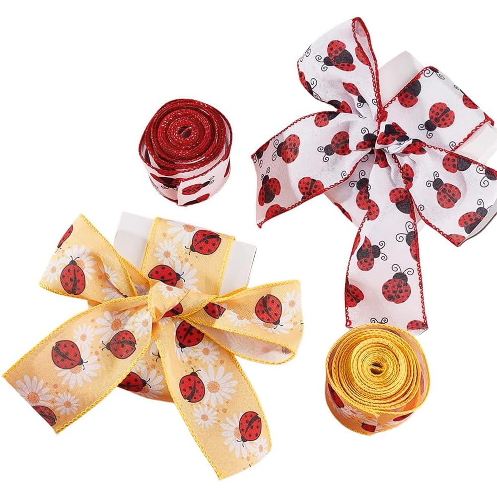 CABODYALS 2 Rolls 10.97M 63mm Red Ladybug Pattern Wired Ribbon Spring Summer Polyester Ribbon Yellow Insect Theme Print Ribbons for Sewing Making Craft Gift Wrapping Wreath Home Decor Diy Supply