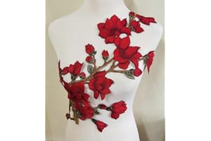 FJTANG 1pcs Beautiful Flower Large Water Soluble Embroideried Fabric National Trend Applique Patch Sew Clothes Accessories (Color C Red)