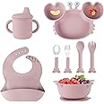 Silicone Baby Feeding Set with BPA-Free Suction Plates, Bowl, Silicone Bibs, Sippy Cup, 2 Set Forks and Spoons for Babies 8PCS Baby Led Weaning Supplies Self Feeding Utensils for Toddlers Kids (Pink)