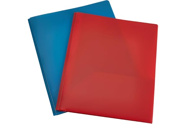 Amazon Basics Heavy Duty Plastic Folders with 2 Pockets for Letter Size Paper, Red and Blue, 2-Pack
