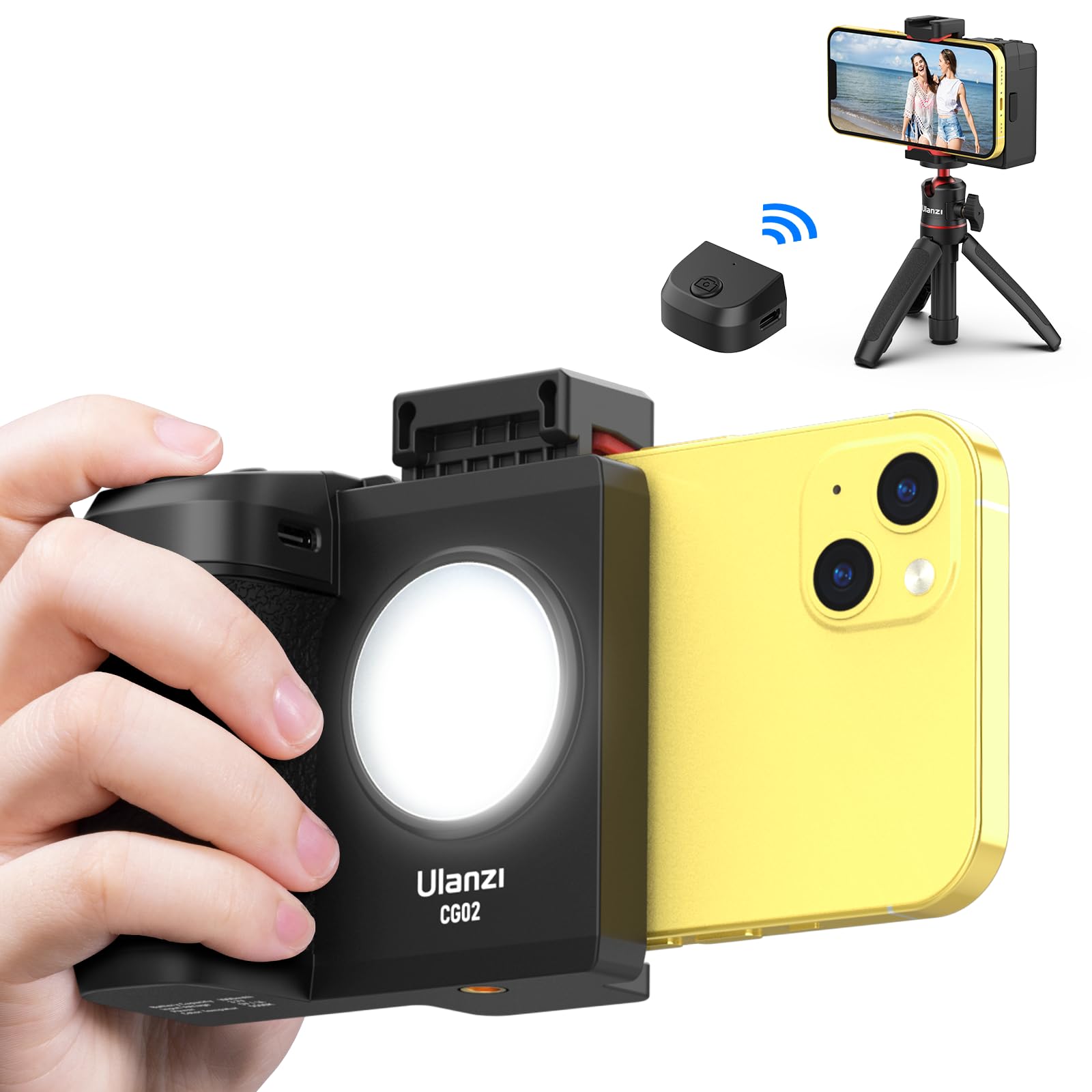 ULANZI CG-02 Grip Holder for Smartphone Upgraded Phone Camera Grip with Remote Shutter Handheld Tripod Mount Fill Light Handheld Photography Accessories for iPhone 15 14 Pro Max etc