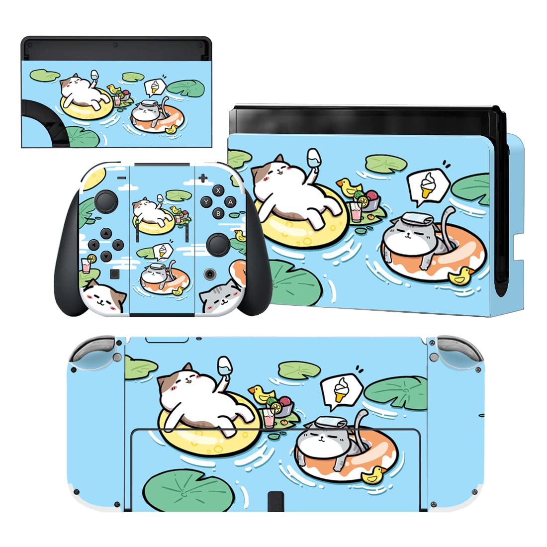 PlayVital Full Set Protective Stickers for Nintendo Switch OLED Model, Customized Vinyl Decal Skins for Switch OLED Console & Joycon & Dock & Grip - Pool Party Kitten