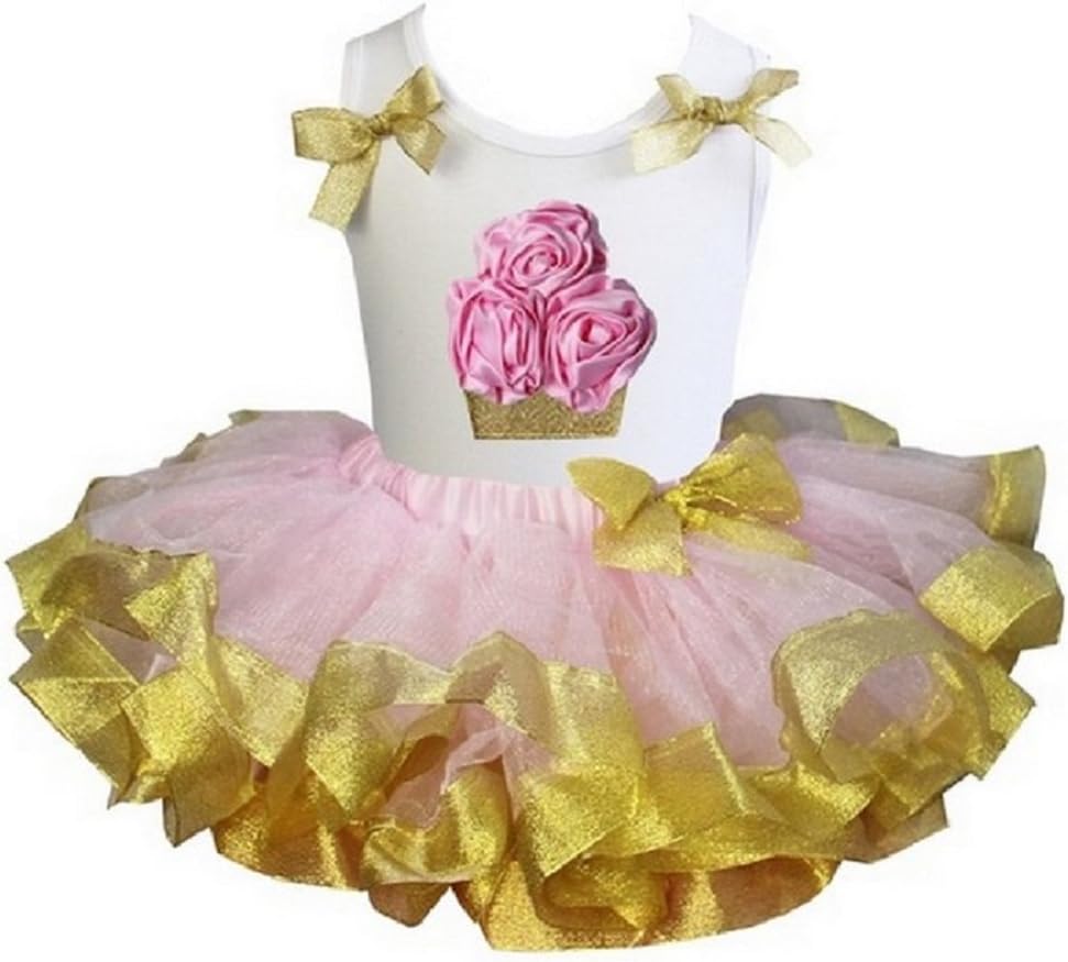 Lollipop Moon Pink & Gold Satin Girls Birthday Party Dress with Rosettes