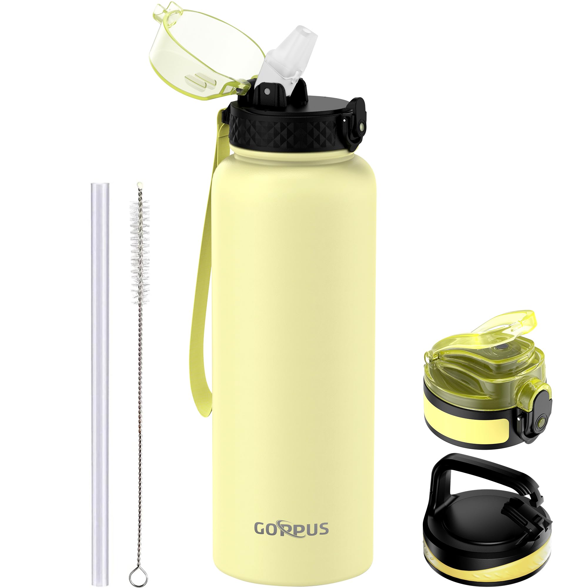 GOPPUS 1.2L/40oz Stainless Water Bottle with Straw Double Wall Insulated Bottles with Strap Large Vacuum Thermal Flask Leakproof Keep Cold Drinks Bottles with Flip Top Lid for Men Women BPA Free