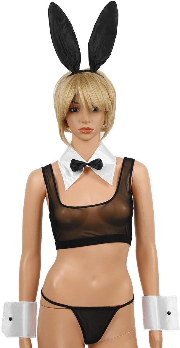 Freebily Women Bunny Cosplay Costume Outfit Rabbit Ears Headband Collar Bowtie Cuffs Set for Halloween Bachelorette Parties Black & White One Size - Image 3