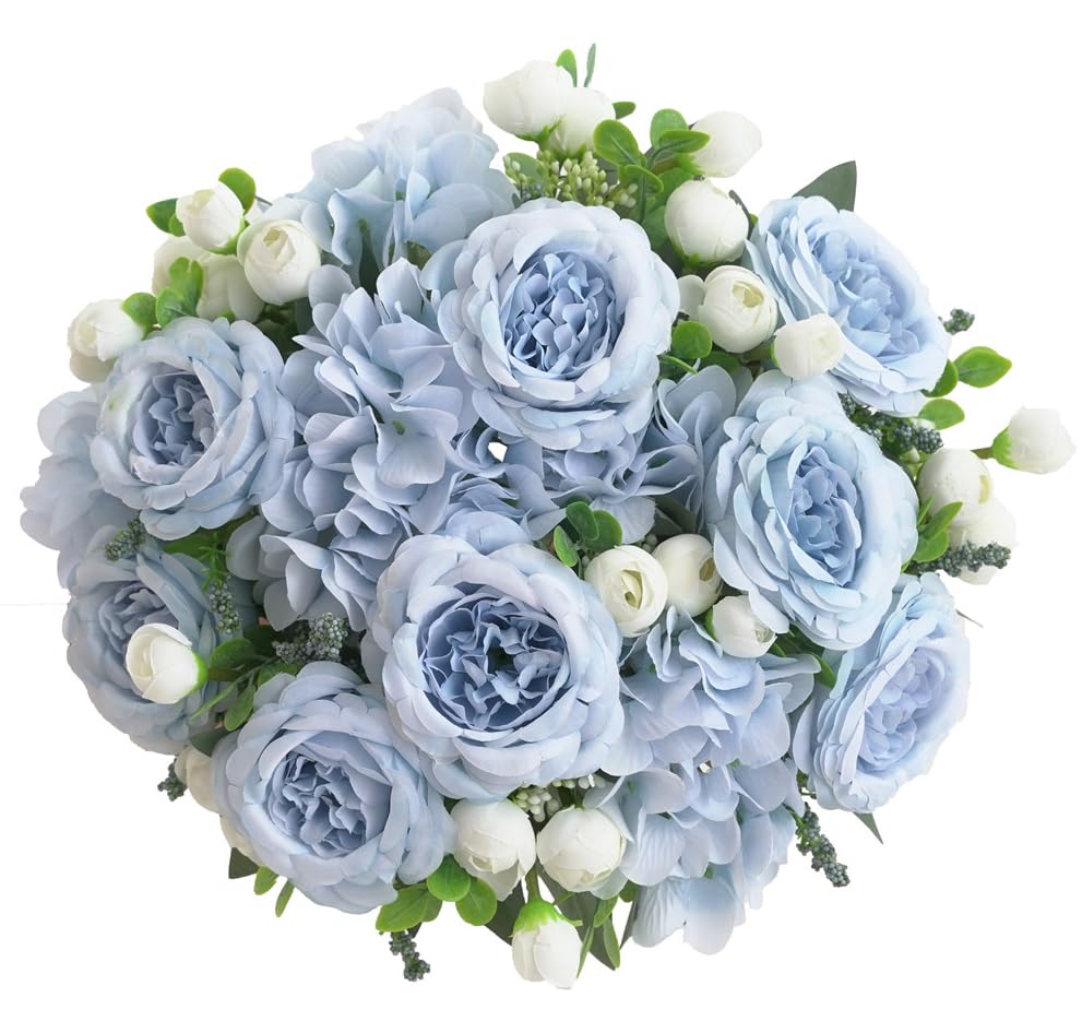 Photo 1 of *MINOR DAMAGE - USED*
karoro 4 Bunches Peonies Artificial Flowers, Silk Peonies Flowers Fake Bouquet Faux Floral Arrangements for Centerpiece Table Wedding Party Home Decor (4, Blue White)