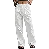 LKOUS Women's High Waisted Dress Pants Stretchy Wide Leg Striped Trousers Casual Work Office Pants with Pockets