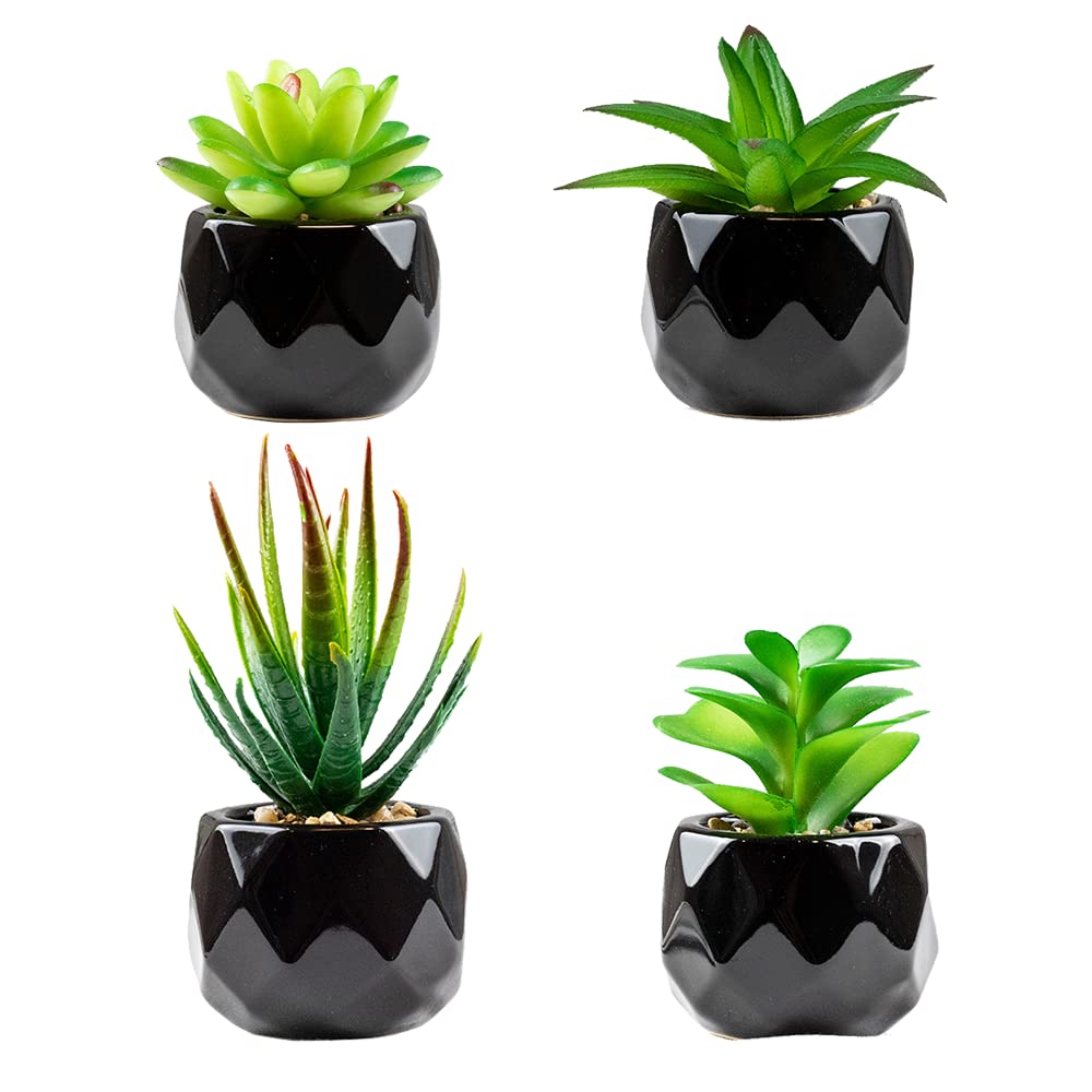 Artificial Plants Indoors In Pots, Fake Plants Outdoor, Mini black Ceramic Potted, Green Succulents Decor for Bedroom Aesthetic, Faux Desk Plant for Bathroom ,Living Room, Office Decoration (4)