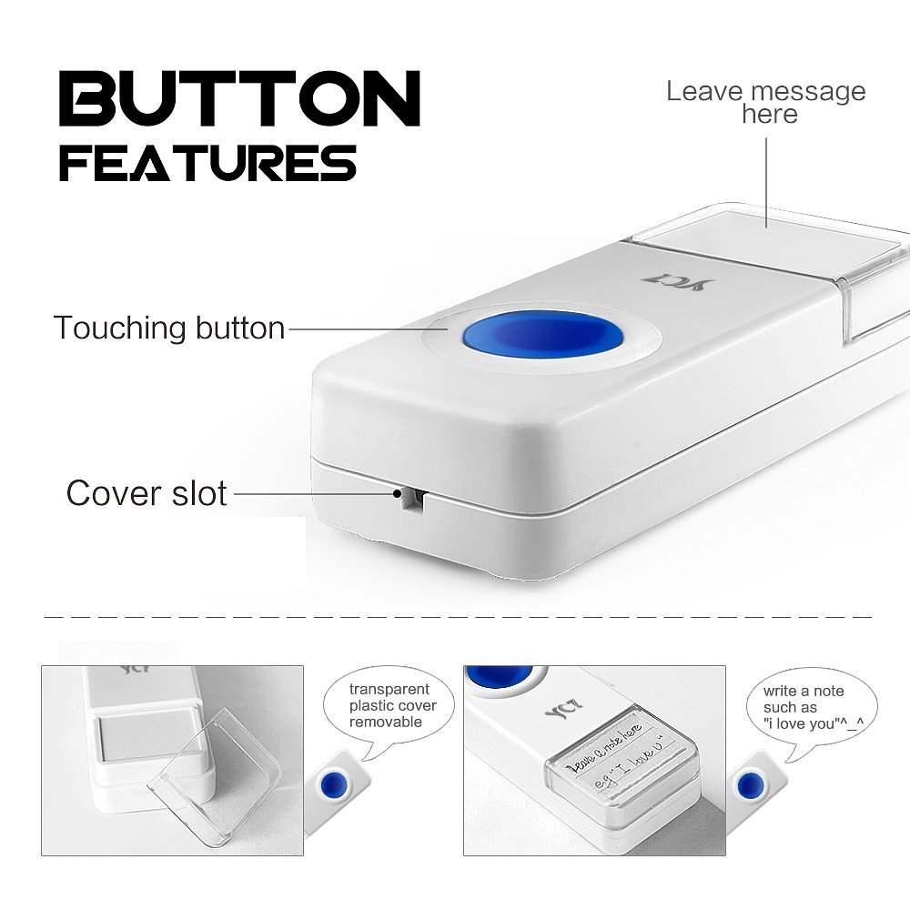 YCZ Wireless Doorbell Chime Wood Receiver Waterproof Push Button Remote Operating Range at Over 1000 ft with 52 Chimes with LED Indicator for Home Office Store and More (2 push button+2 receiver)