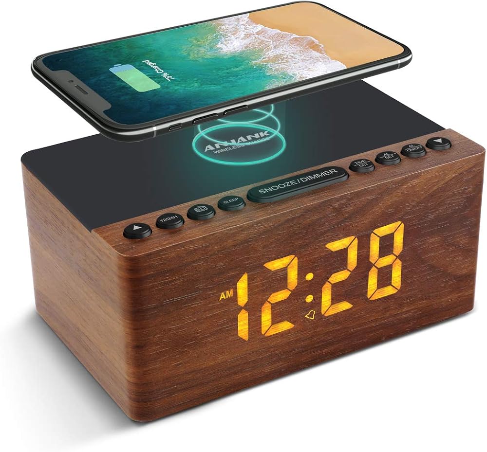 ANJANK Bedside Wooden FM Radio Alarm Clock with Wireless Charger 5W-10W