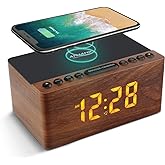 ANJANK Wooden Digital LED Alarm Clock FM Radio, Fast Wireless Charger Station for iPhone/Samsung Galaxy, 5 Level Dimmer, USB Charging Port, 9 Sounds, Sleep Timer for Bedroom, Bedside, Desk