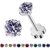 VDKIDKT Flower Screw Back Birthstone Stud Earrings for Women Girls, 3mm G23 Tiny CZ Flat Back Stud Earrings, Screw Back Helix Earrings