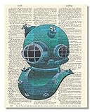 Benchmark LLC Vintage Dictionary Art Print Upcycled 8x10 - Blue Nautical Dive Helmet