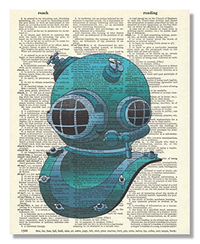 Benchmark LLC Vintage Dictionary Art Print Upcycled 8x10 - Blue Nautical Dive Helmet