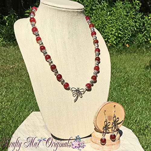 Orange Gemstone and Silver Plated Roses with a Dragonfly Necklace Set