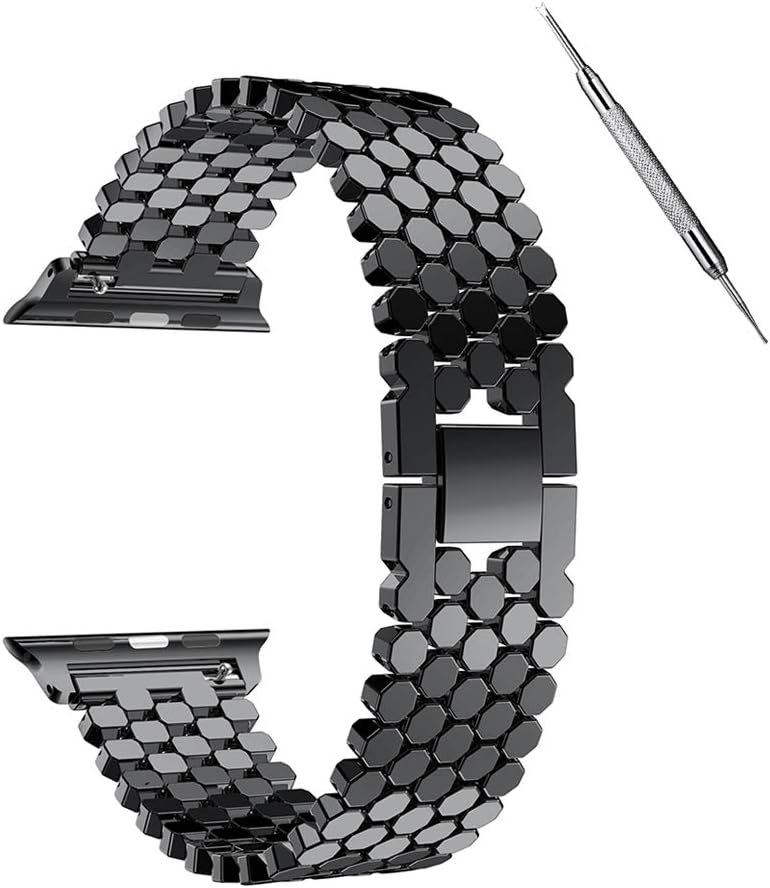 NNHF Compatible with Apple Watch Band 38mm 40mm 42mm 44mm, Fish-Scale Pattern Stainless Steel Honeycomb Jewelry Buckle Replacement Strap Compatible with Iwatch Series 5 4 3 2 1 (Black, 44mm)