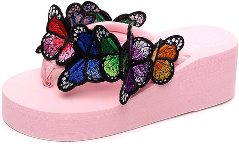 MISTU Women's Bohemian Butterfly Platform High Heel Flip Flops Anti-Slip Summer Beach Thong Wedge Sandals