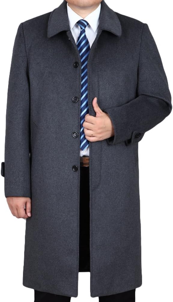 FTCayanz Men's Wool Jacket Casual Single Breasted Long Trench Coat Outerwear