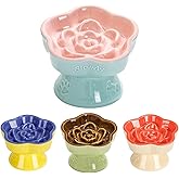 S&Q's CERAMICS Raised Slow Feeder Cat Bowl, Ceramic Elevated and Titled Glass Food Bowl Small Dogs Slow Feeder, Flower Shaped