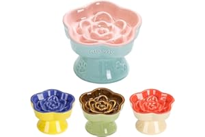S&Q's CERAMICS Raised Slow Feeder Cat Bowl, Ceramic Elevated and Titled Glass Food Bowl Small Dogs Slow Feeder, Flower Shaped Cute Cat Dish for Dry and Wet Food (Pink, 5.8")