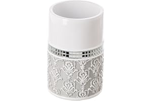 Creative Scents Mirror Damask Bathroom Cup - Electric Toothbrush and Toothpaste Holder for Bathroom, Gray & White Tooth Brush Holder Tumbler Cup for Toothbrushes, Toothpaste, Makeup Brushes or Rinsing