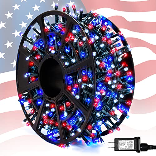 JMEXSUSS 500 LED Red White and Blue Lights,173ft 8 Modes 4th of July