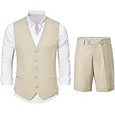 YND 2-Piece Men’s Linen Waistcoat Shorts, Lightweight Vest Pants, Casual Wedding Beach Summer Prom Homecoming Outfit