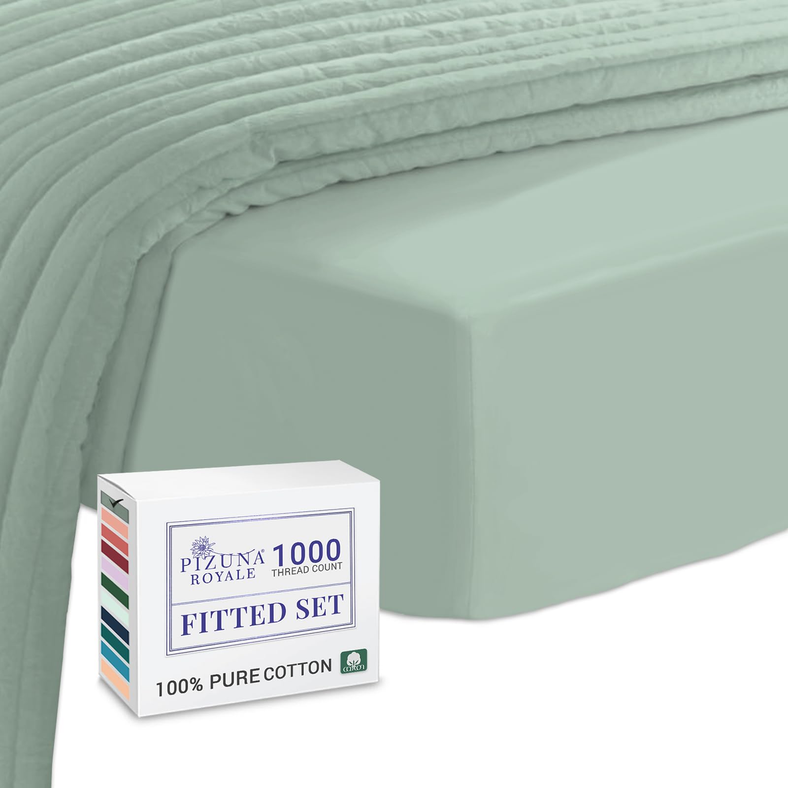Pizuna Luxurious Cotton Double Fitted Sheet Seafoam Sage, 1000 Thread Count 100% Long Staple Cotton Fitted Bed Sheets Double 140x200 cm, Sateen Weave Thick Fitted Sheet Extra Deep 40 cm Fit - 1 PC