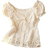 SOLY HUX Women's Sweetheart Neck Frill Bow Tie Front Blouse Puff Sleeve Floral Embroidery Button Down Summer Tops