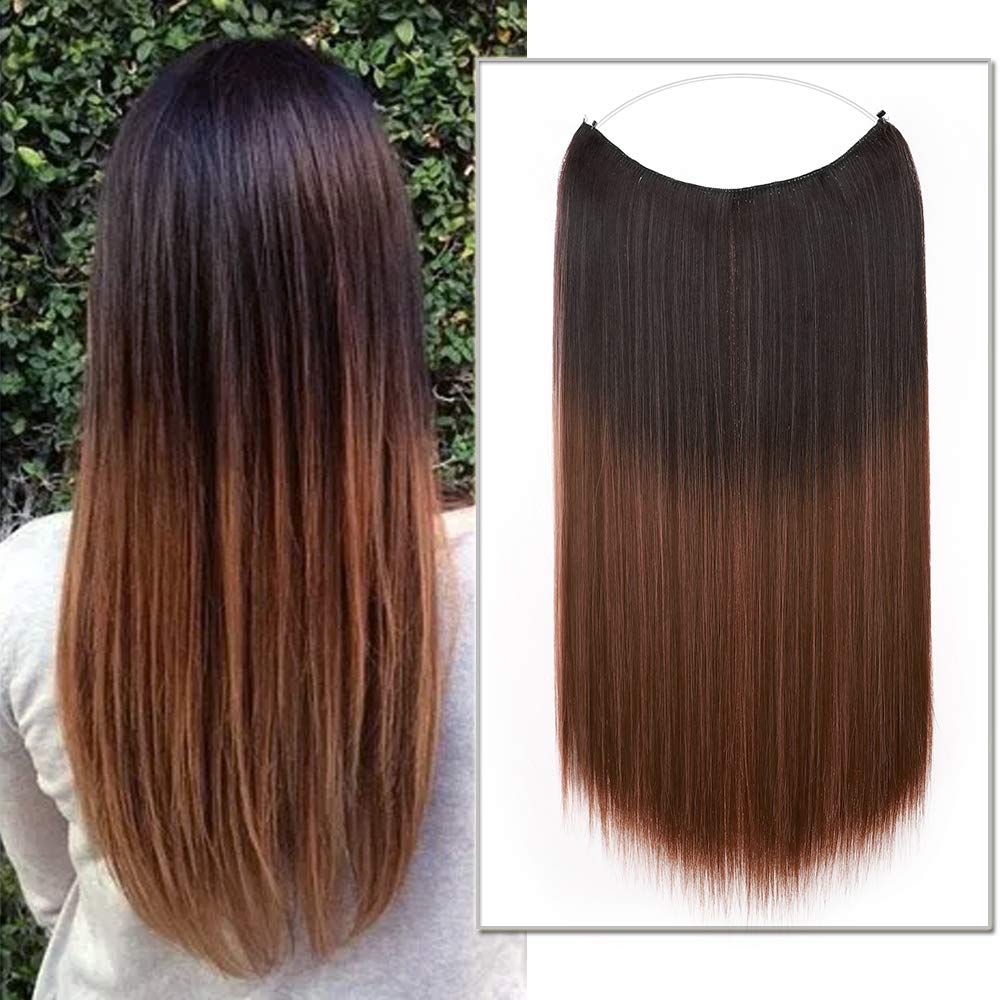 Silk-co One Piece Wire in Hair Extensions 20inch Long Straight Hairpiece No Clip Synthetic Hair Wire String Light Brown to Maroon