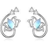 Lotus Flower Stud Earrings Sterling Silver Lotus Moonstone/Turquoise Cuff Earrings Hollow Lotus Jewelry for Women Girls