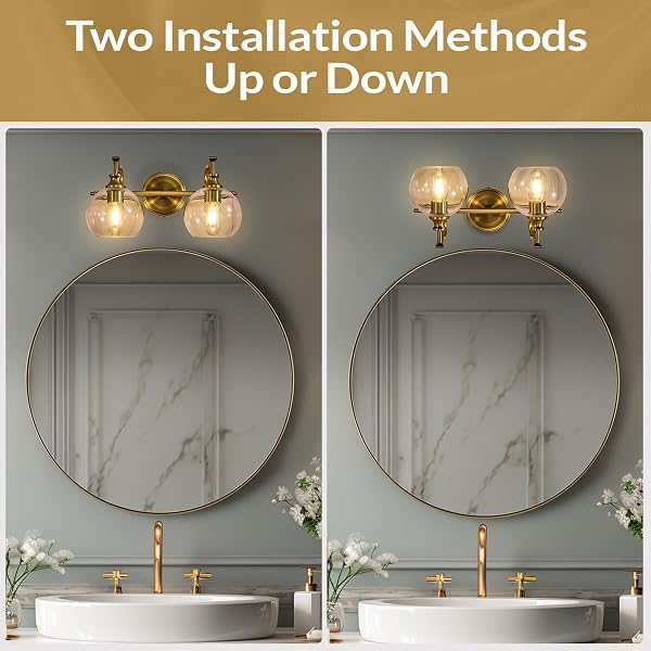 ANDY STAR GOLD BATHROOM LIGHT FIXTURES, 2-LIGHT BRASS VANITY LIGHT, MODERN SCONCES WITH GLOBE CLEAR LAMPSHADE, FARMHOUSE BATHROOM LIGHTING FIXTURES OVER MIRROR WITH METAL LAMP BODY, E26 BASE
