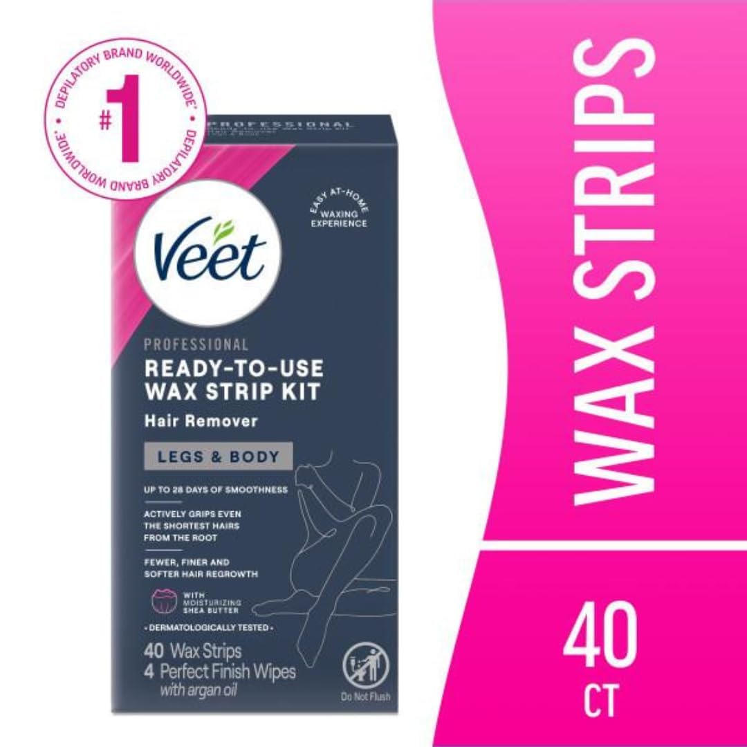 Veet Leg & Body Hair Removal Kit- Sensitive Formula, Ready-to-use Cold Wax Strips, Shea Butter & Acai Fragrance, 40 Count (Pack of 2)