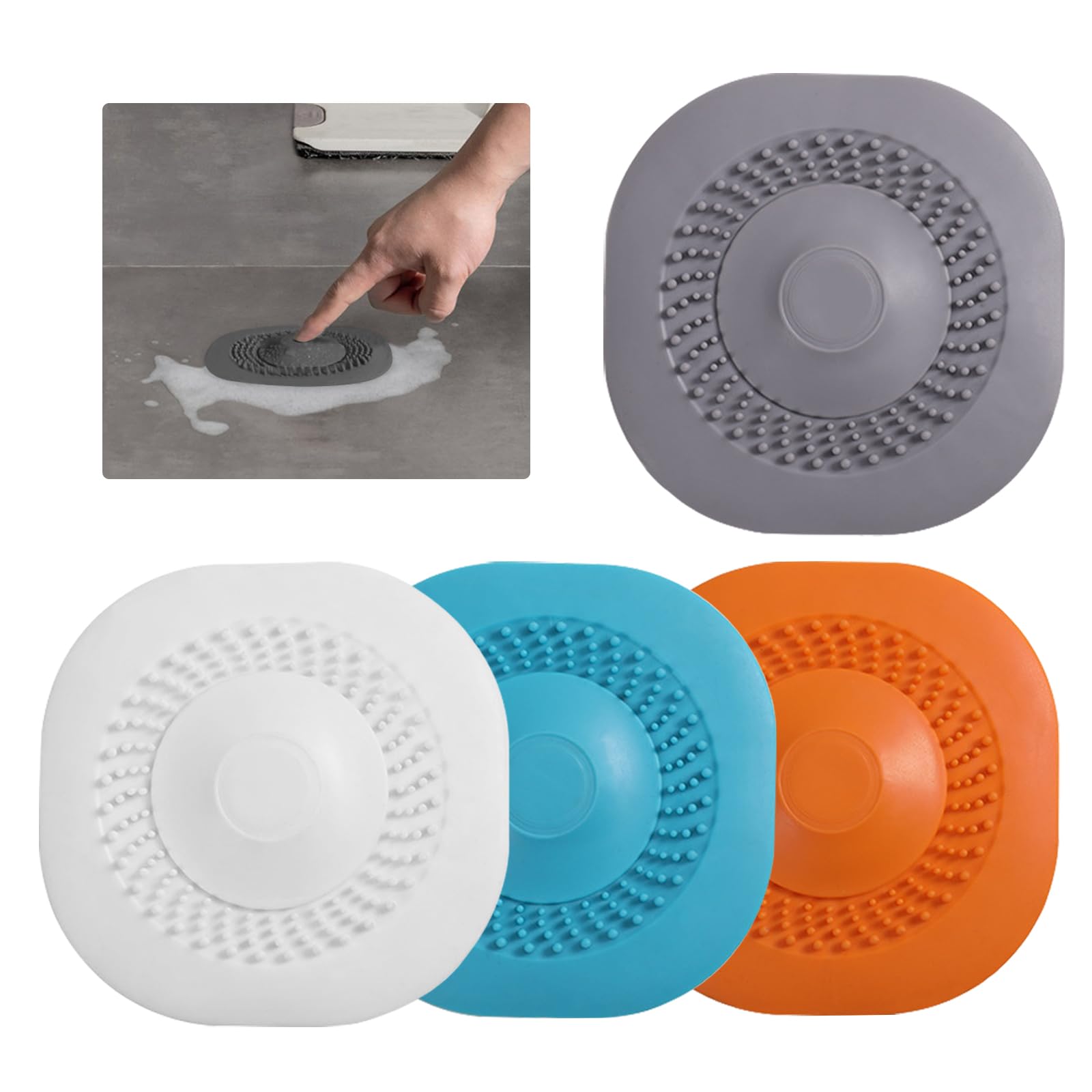 KASESSS 4 Pcs Shower Drain Hair Catcher, Universal Hair Catcher for Shower Drain, Silicone Shower Hair Catchers Kitchen Shower Drain Hair Trap with Push Switch Hair Drain Catcher Soft Drain Protector