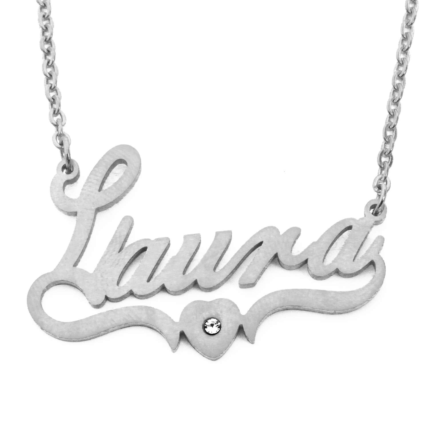 Kigu Name Necklace Laura-Silver Tone Heart Necklace,Personalised Jewellery,Custom Name Necklace,Name Pendant Laura,Adjustable Chain 16" to 19",Incl Gift Box,Bag,Pouch