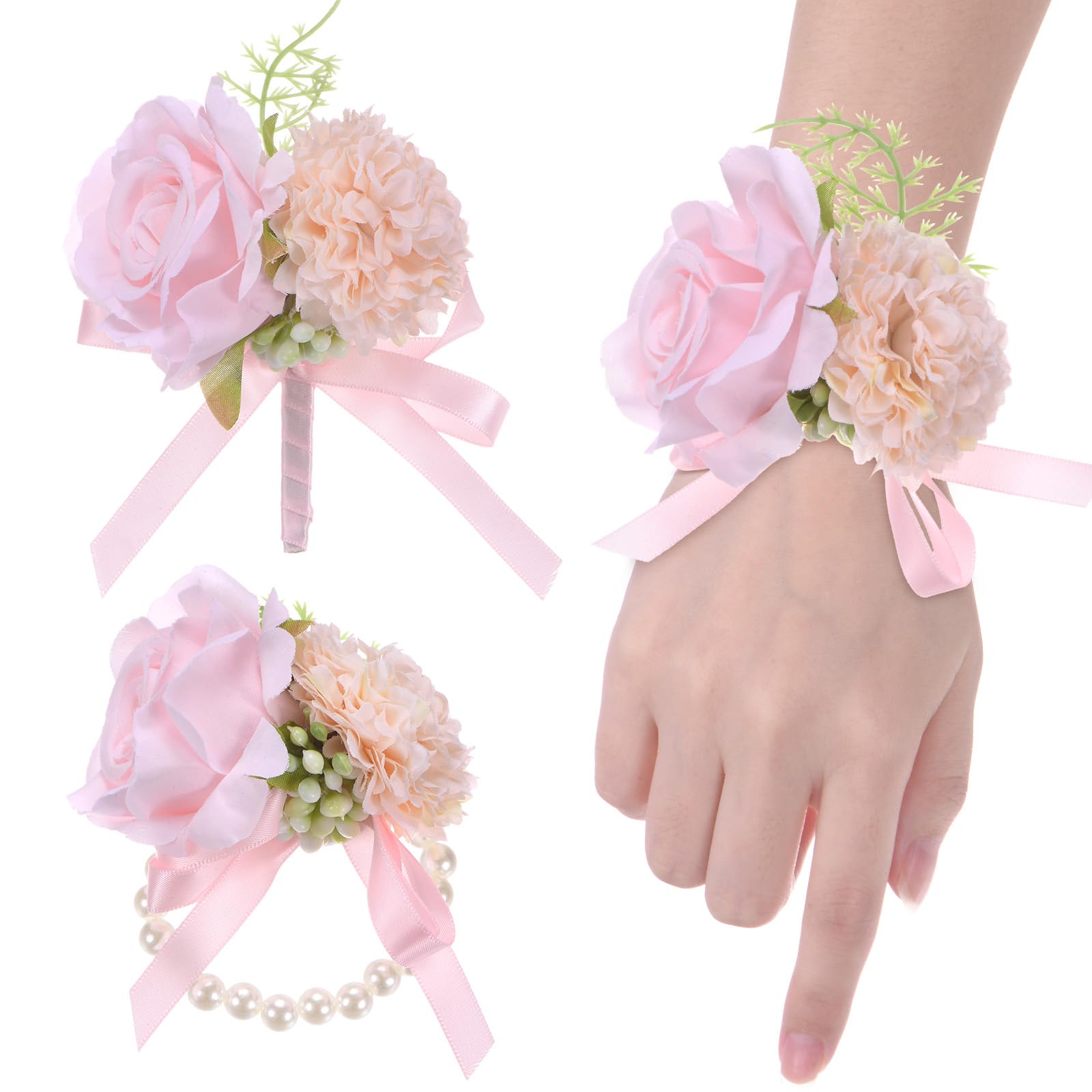 M METERXITY 1-Set Wrist Corsage and Boutonnieres Set, Artificial Rose Flower Bride Wrist and Groom Corsage for Wedding/Party/Prom/Decorations, Flower Wrist Corsage Set [Pink]
