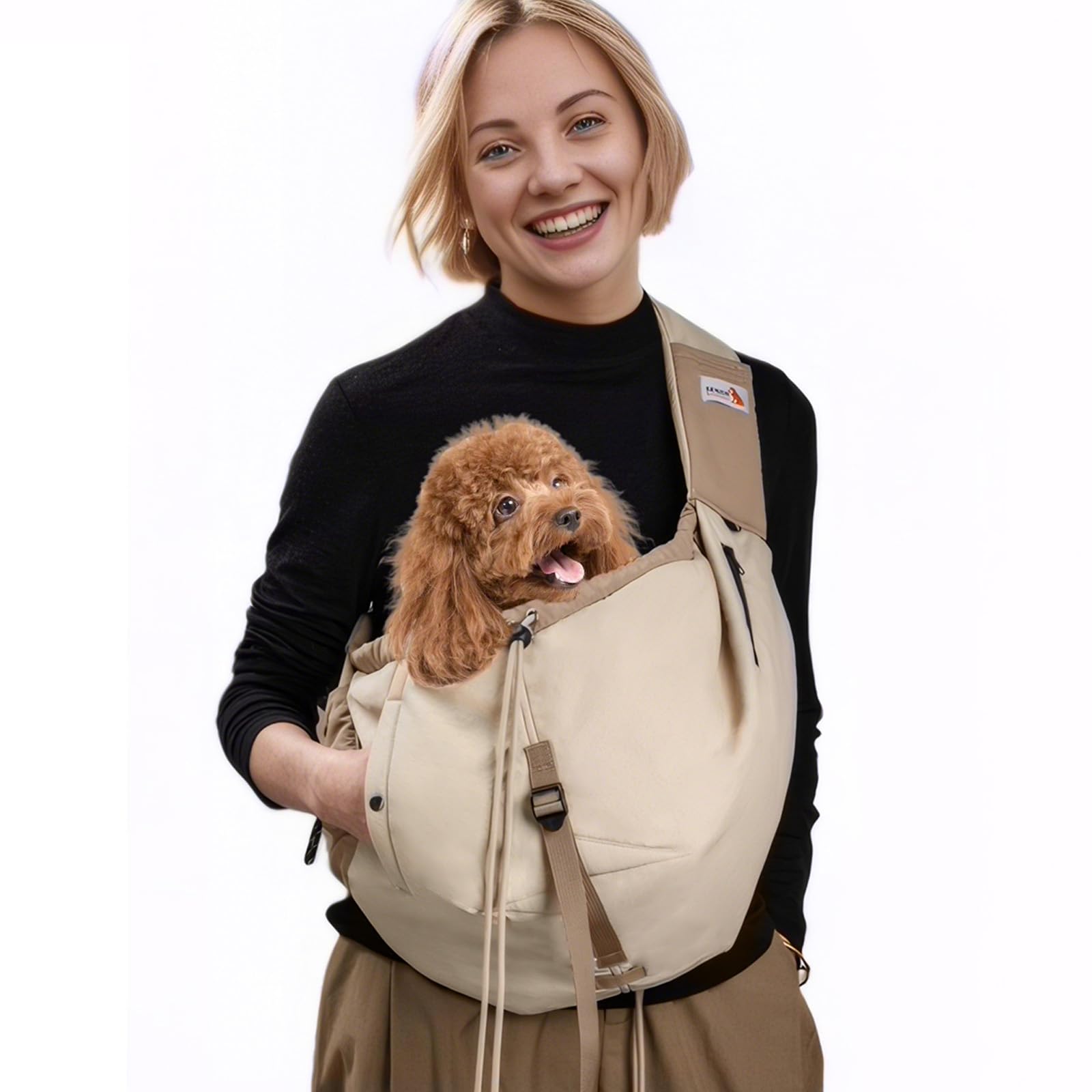 Photo 1 of Dog Carrier Sling,Dog Carriers for Small Dogs & Cats Up to 20lbs,Puppy Carrying Backpack Pet Purse with Pockets,Adjustable Shoulder Strap,Hands Free for Travel (Beige)